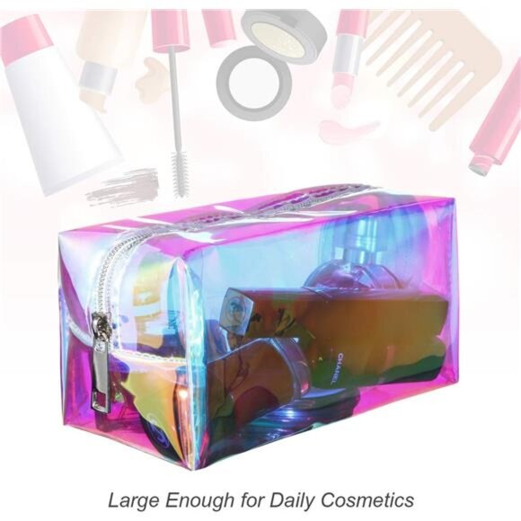 2 Pcs Clear Iridescent Holographic Makeup Bag Glitter Travel Cosmetic Pouches - Picture 6 of 8